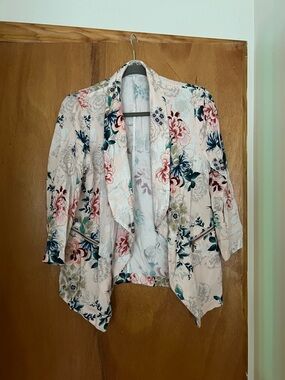 Promod Pink Floral Draped Open Front Jacket